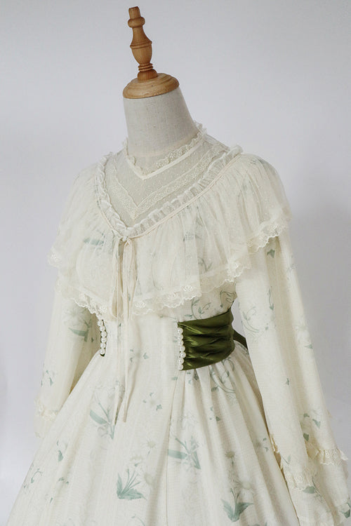 Beige Lace Round Collar Ruffled Lantern Sleeves Fresh Floral Print Sweet Lolita OP Dress