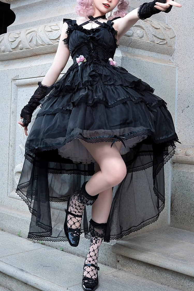 Schwarzes ärmelloses mehrlagiges Hanayome Gothic Lolita Jsk Kleid