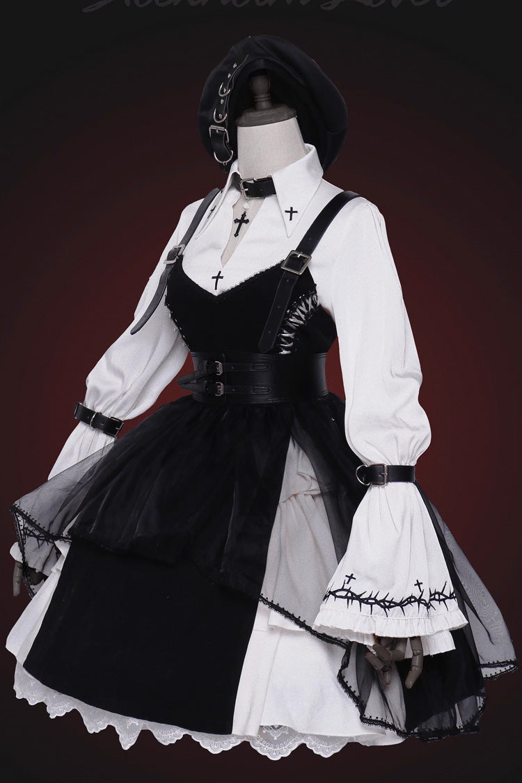 White Stockholm Lover Cross Print Hime Sleeves Gothic Lolita Blouse