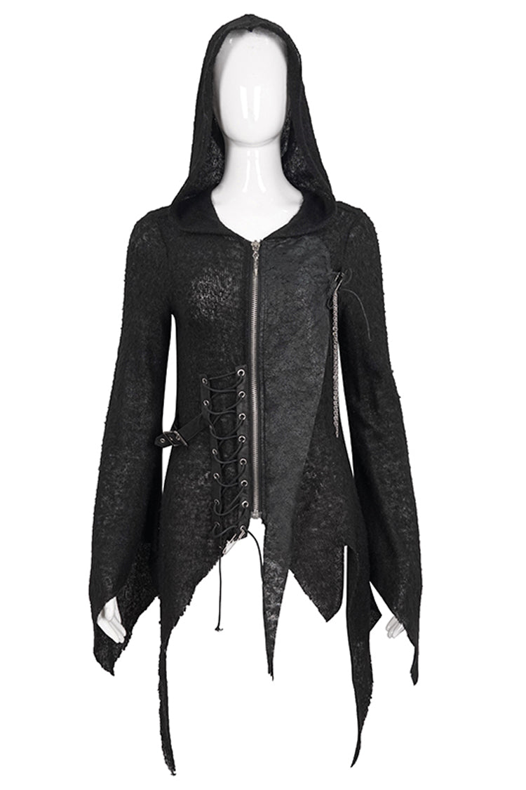 Black Vintage Hooded With Leather Details Women's Punk Jackets