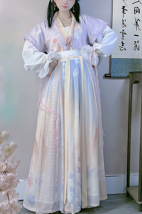 Multi-Color Chinese Style Tang Dynasty Round Collar Print Sweet Hanfu Dress Full Set