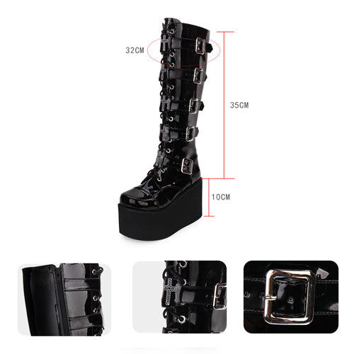 Black Cross Patent Leather Lace Up Long Gothic Lolita Boots