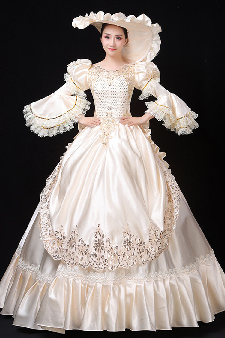 White Court Style High Waisted Flowers Decoration Hime Sleeves Victorian Lolita Prom Dress