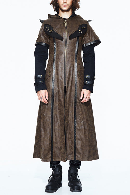 Double Sleeves Steampunk Brown Leather Hooded Mens Long Coat