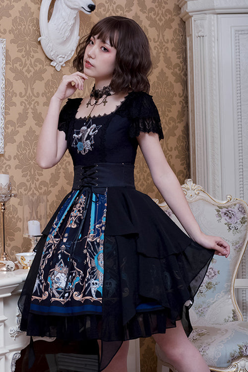 Black Lace Short Sleeve God Redemption Print Gothic Lolita Dress