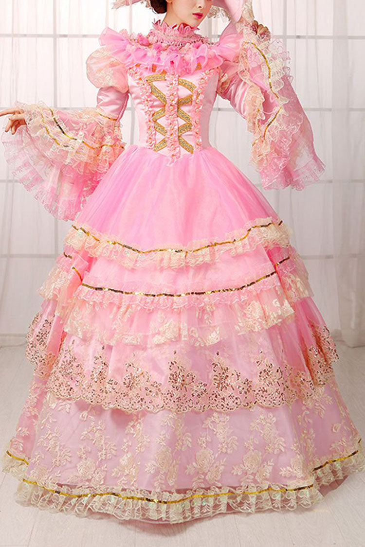 ピンクのトランペット袖ハイウエスト中空刺繍プリント多層ビクトリア朝のロリータ プロム ドレス