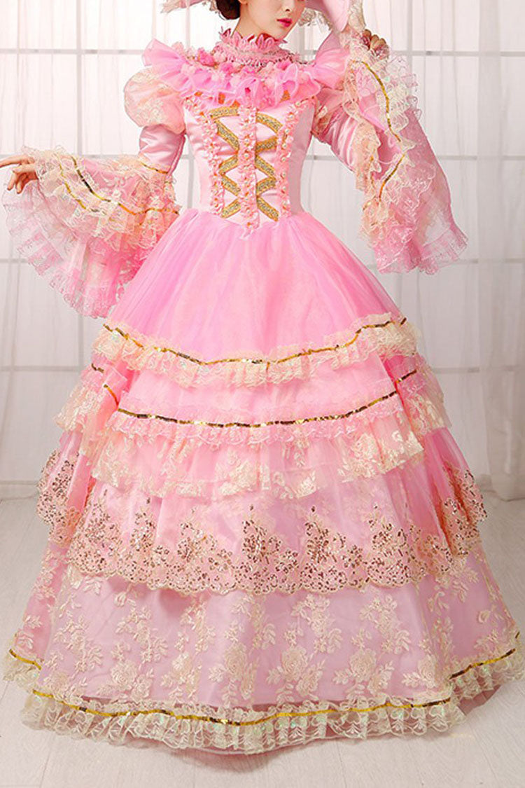 Rosa Lolita Ballkleid mit Trompetenärmeln, hoher Taille, hohlem Stickerei-Print und mehreren Lagen