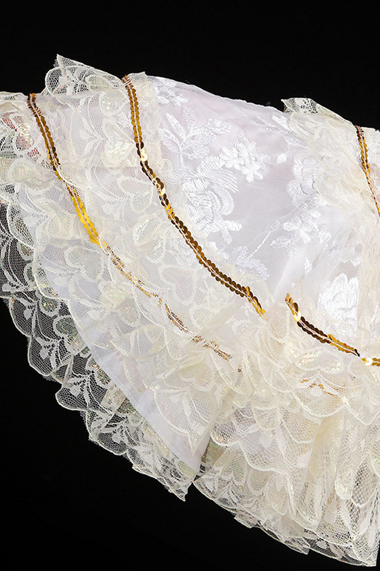 ホワイト姫袖ハイウエスト レース ステッチ フラワー プリント ビクトリア朝のロリータ プロム ティアード ドレス