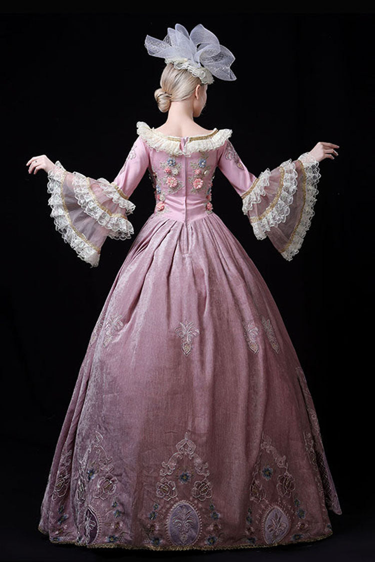 Pink Multi-Layer Trumpet Sleeves High Waisted Three Dimensional Flower Hollow Embroidery Print Victorian Lolita Prom Dress