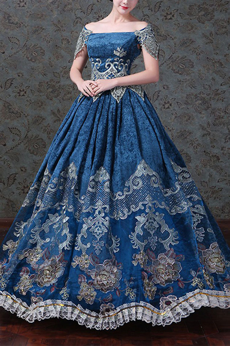 Blue Boat Neck Off-The-Shoulder High Waisted Embroidery Floral Print Victorian Lolita Prom Dress