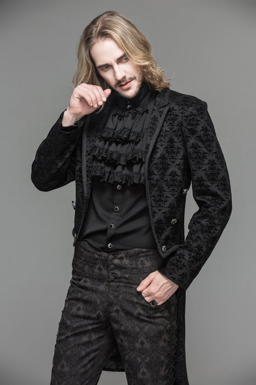 Black Gothic Floral Patterned Flocking Short Front And Long Back Open Mens Coat