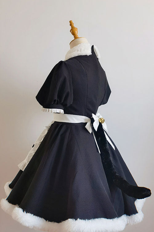 Black/White Cat Paw Print Short Sleeves Maid Sweet Lolita Dress Set