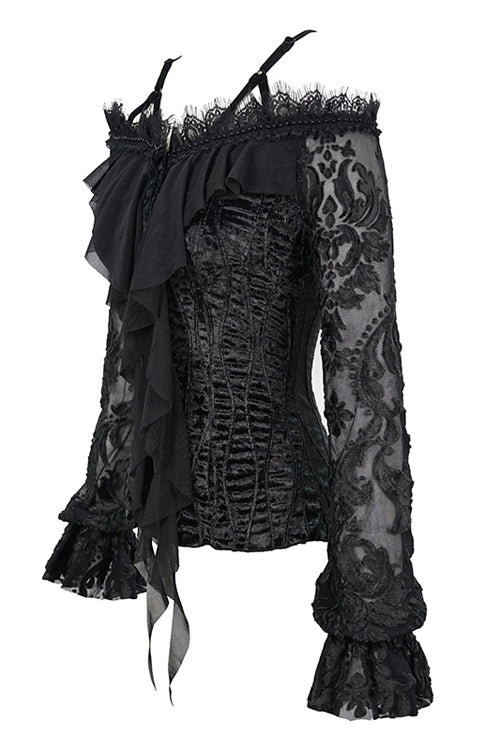Black Lace Sleeves Velvet Sexy Womens Gothic Blouse