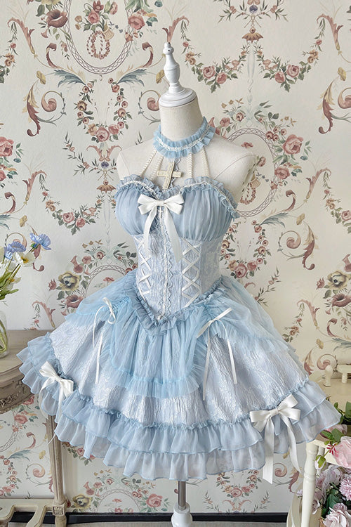 Blue Tube Top Sleeveless Blowknot Ruffled Sweet Lolita Tiered Dress