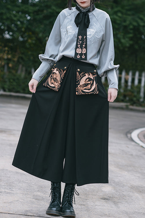Black Mysterious Demons Embroidered Ouji Lolita Wide Leg Trousers