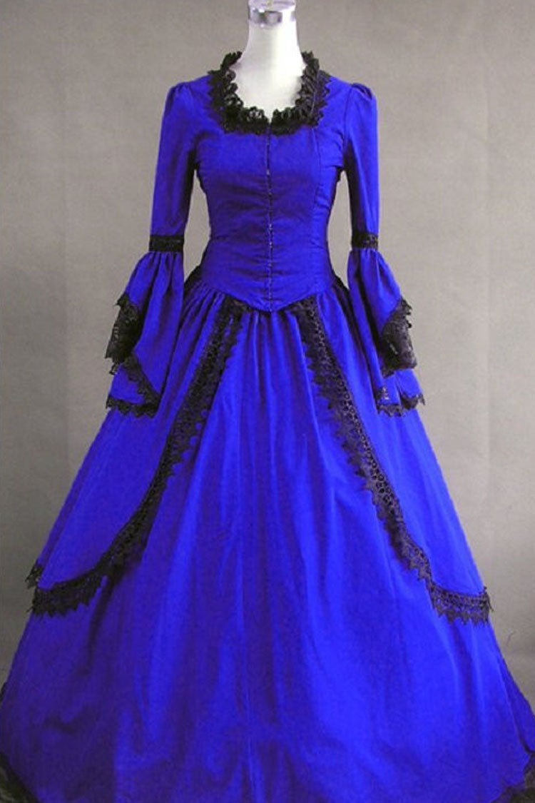 Dark Blue Cotton Square Collar Long Sleeves Floor Length Pleats Victorian Gothic Lolita Dress