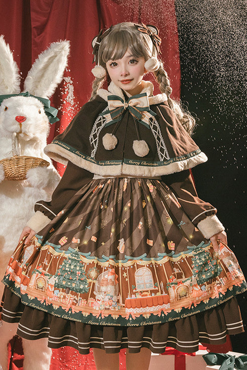 Brown Christmas Gift Print Long Sleeve Sweet Lolita OP Dress
