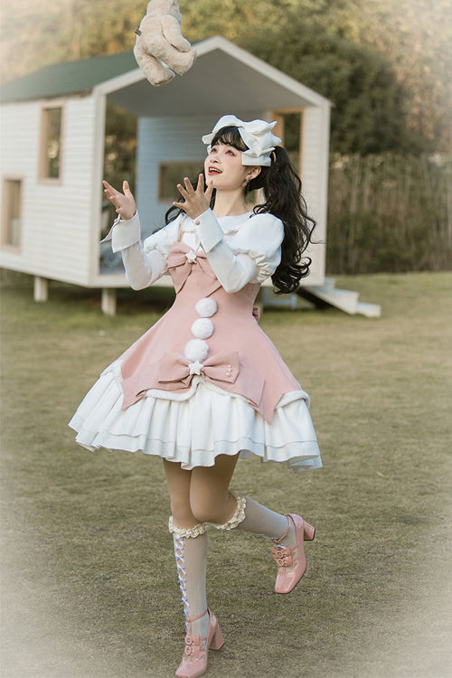 Cute Girl Doll Collar Hair Ball Christmas Princess Sweet Lolita JSK Dress Full Set