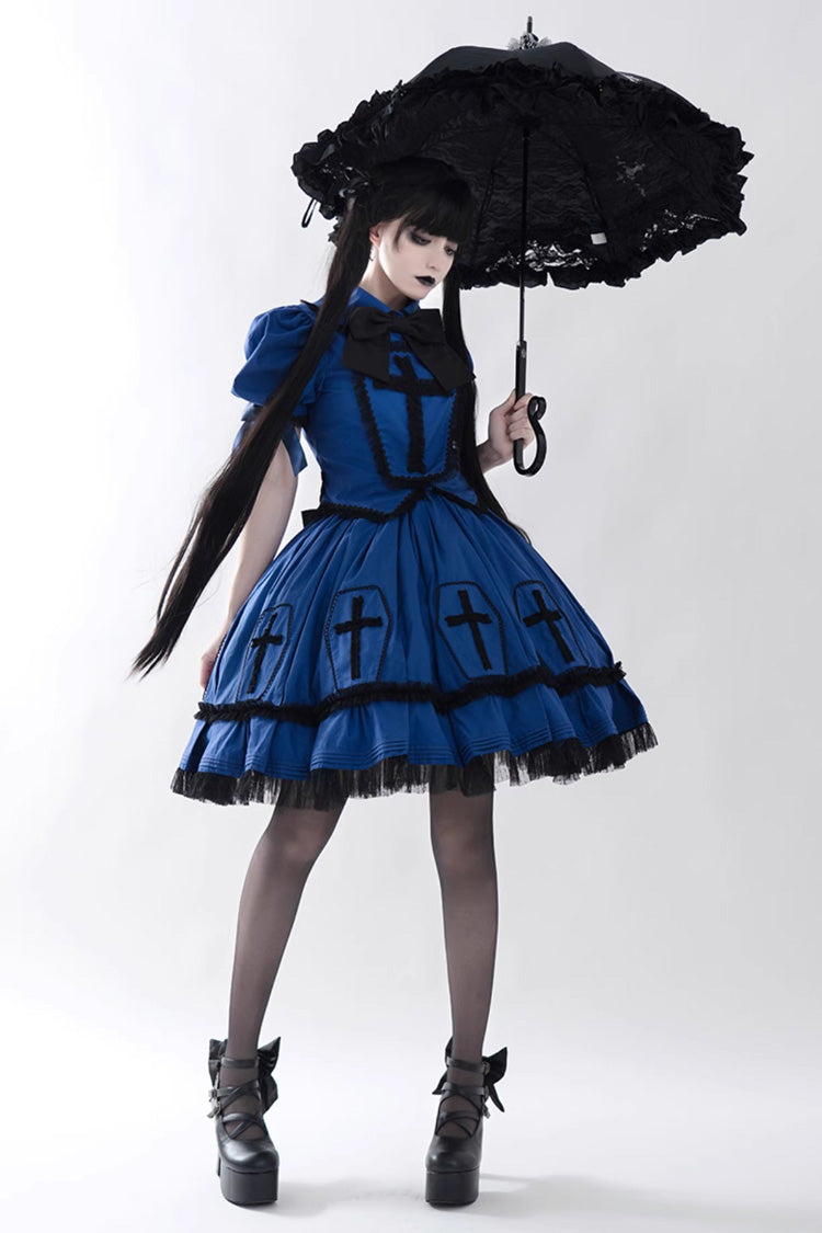 Blue Halloween Cross Short Puff Sleeves Two Pieces Gothic Lolita Dress