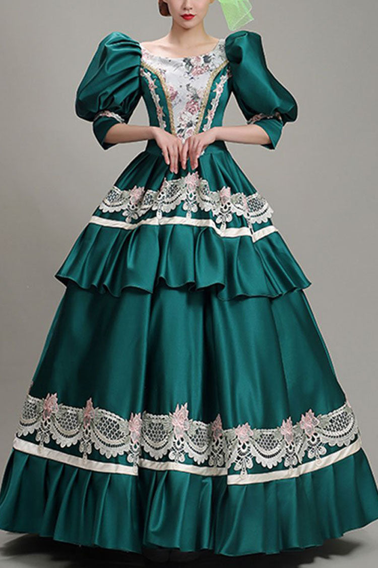 Green Lantern Sleeves High Waisted Lace Stitching Hollow Embroidery Print Victorian Lolita Tiered Dress