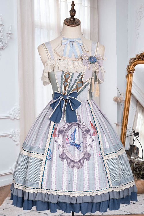 Light Blue Vintage Finches In The Mirror Print Country Style Bowknot Multi-Layer Ruffled Classic Lolita JSK Dress