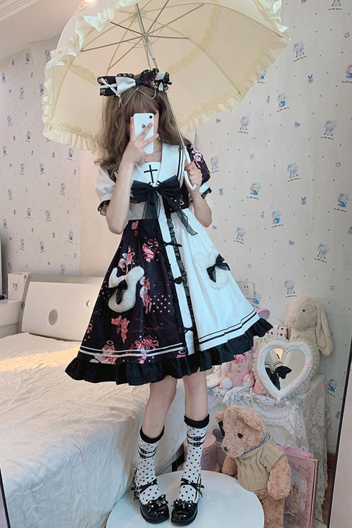 Black/White Navy Collar Short Sleeves Strawberry Bear Print Ruffled Hem Sweet Lolita Dress