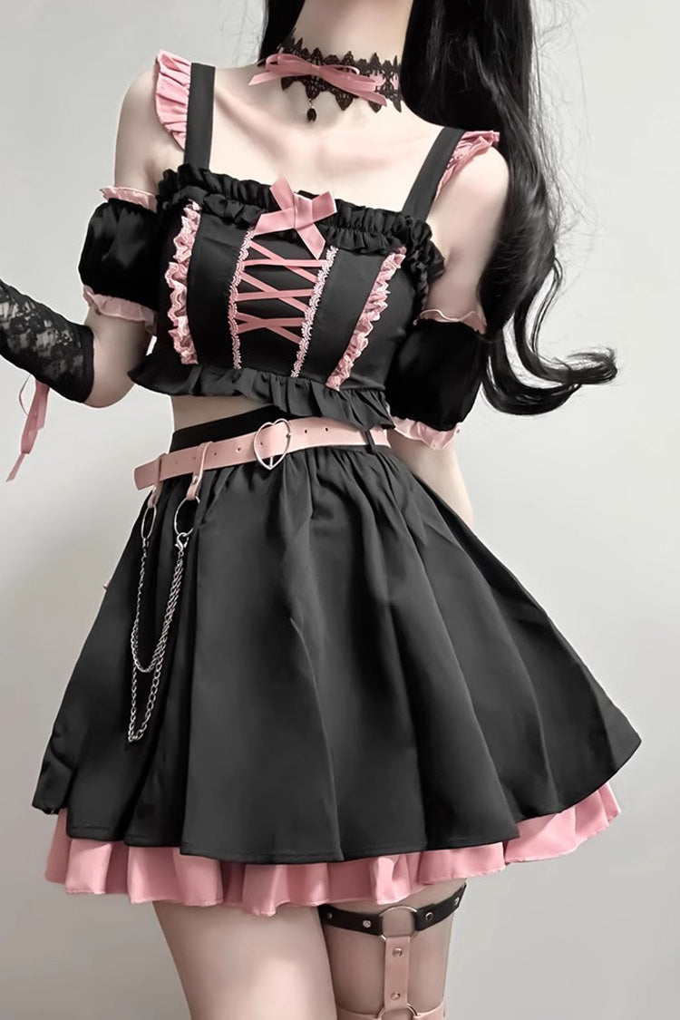 Black/Pink Tie Bow Gothic Sweet Lolita Strapless Skirt Dress 2 Pieces Set