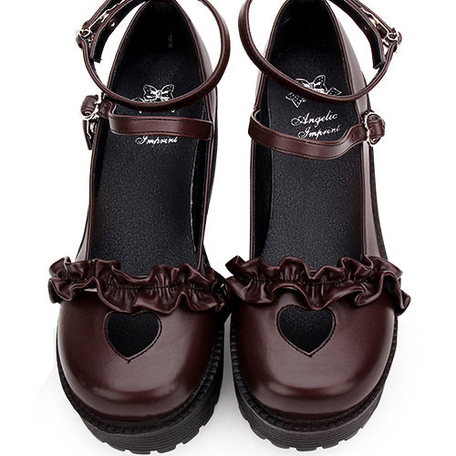 Round Toe Hollow Out Heart Shape Ruffle School Sweet Lolita Shoes