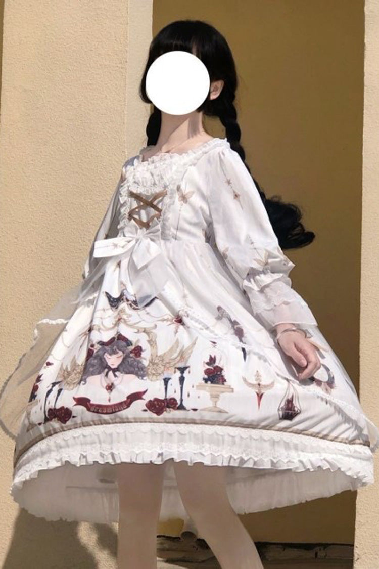 White Lace Ruffled Princess Print Sweet Lolita OP Dress