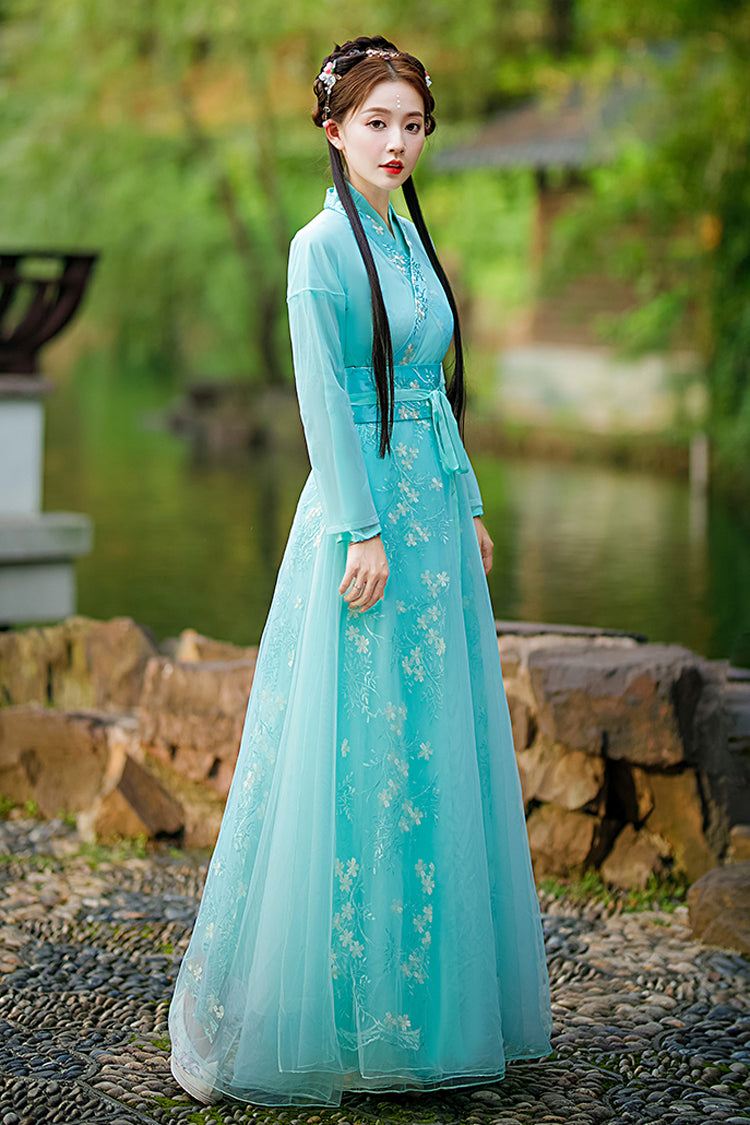 Green Fairy Airy Spring Flower Embroidery Sweet Hanfu Dress