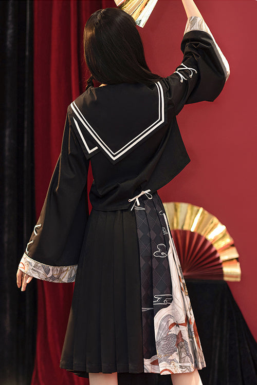 Black Bad Girl Chinese Elements Printed Asymmetric Pleated Skirt Full Set Of Classic Lolita Dress