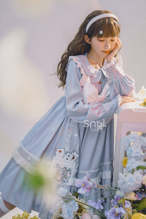 Blue Doll Collar Single Breasted Princess Sleeves High Waist Magic Playing Cards Sweet Lolita OP Dress