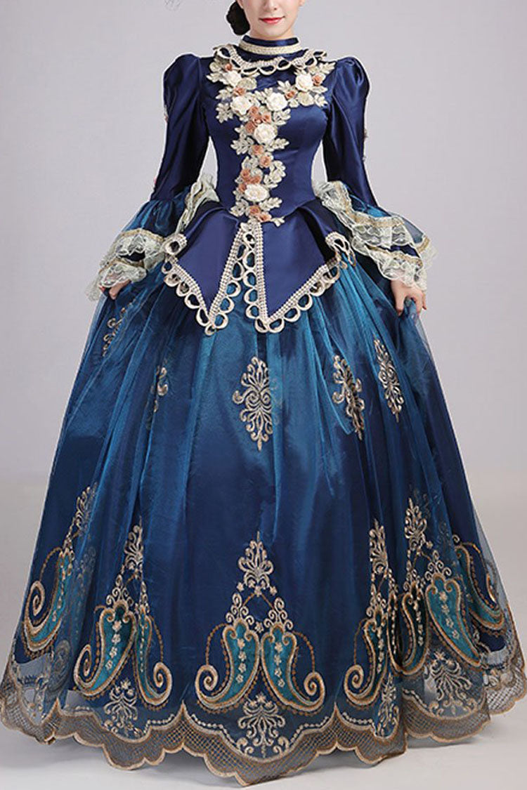 Blue Trumpet Sleeves High Waisted Three Dimensional Flower Hollow Embroidery Print Victorian Lolita Prom Dress
