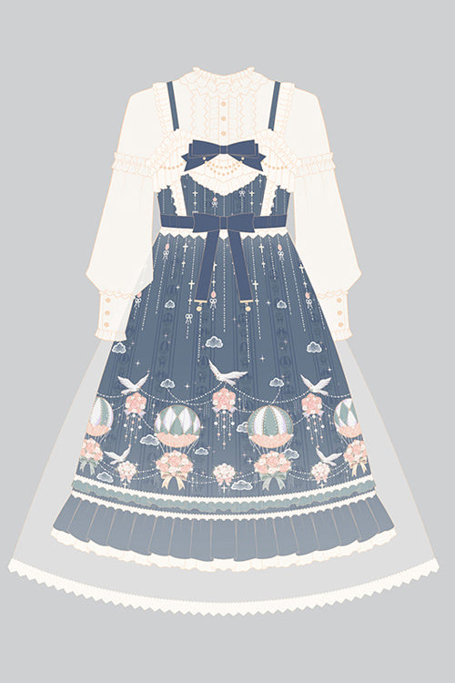 Blue Chiffon Flower Wedding Wearing Veil Princess Sweet Lolita JSK Dress