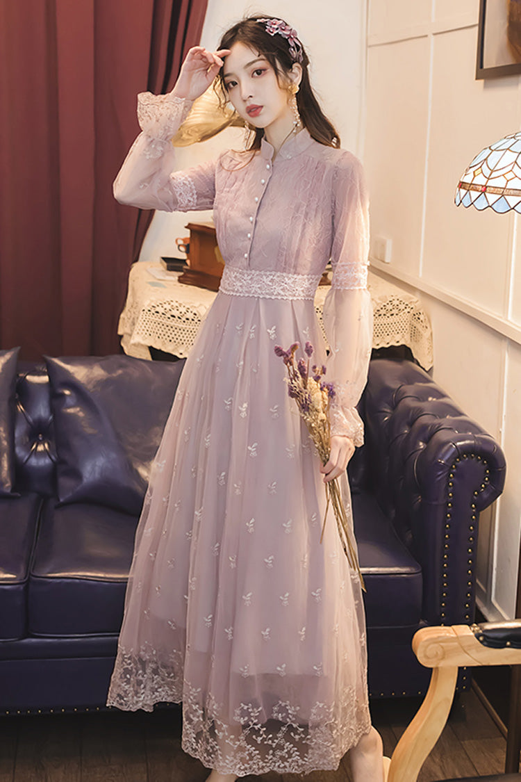 Dream Purple French Retro Lantern Sleeves High Waist Slimming Lace Embroidery Sweet Lolita OP Dress