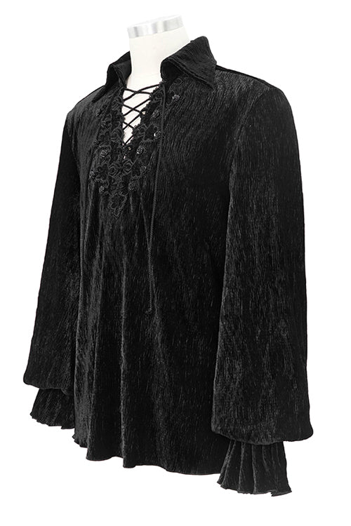 Black Velvet Elastic Lantern Sleeves Mens Gothic Blouse