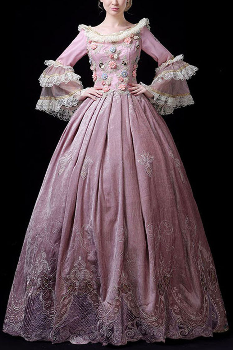 Pink Multi-Layer Trumpet Sleeves High Waisted Three Dimensional Flower Hollow Embroidery Print Victorian Lolita Prom Dress