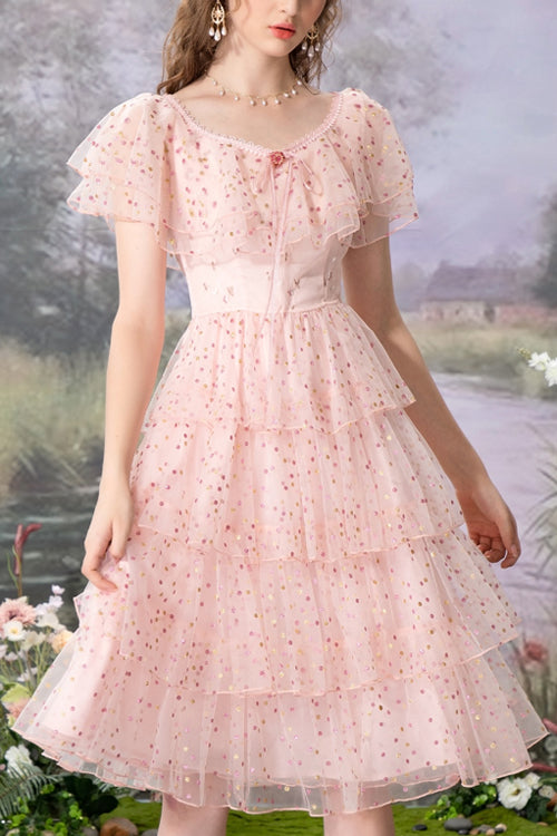 Pink Round Collar Ruffled Short Sleeves Polka Dot Print Sweet Lolita Tiered Dress