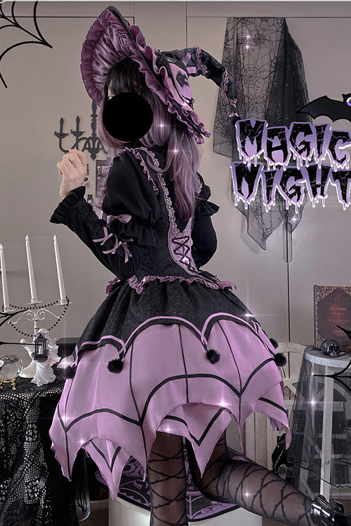Schwarz / Lila Runder Kragen Gekräuselte Lange Ärmel Taille Unregelmäßiger Saum Kobold Süßes Lolita OP Kleid Komplettset