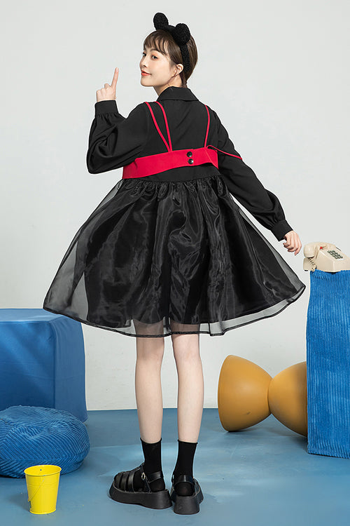 Black Suit Collar Bow Organza Long Sleeves High Waist Sweet Lolita OP Dress