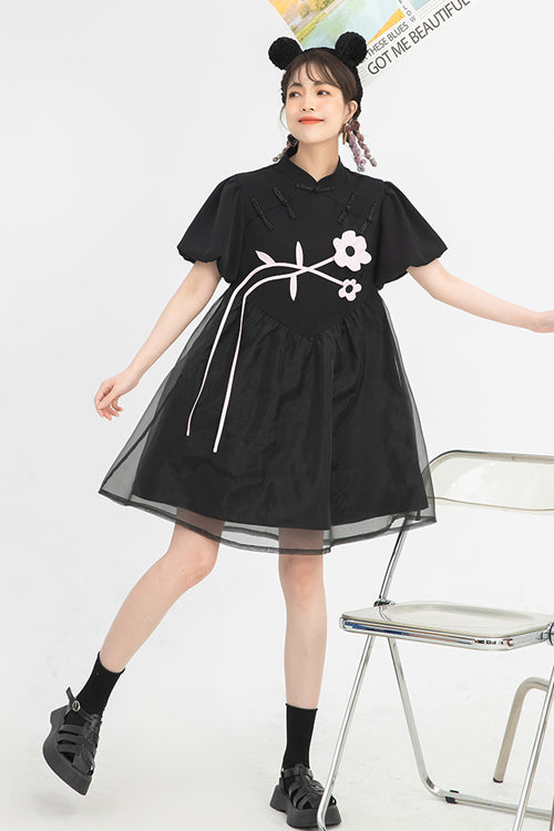 Black Stand Collar Lantern Short Sleeves Floral Print Organza Panel Sweet Lolita Dress