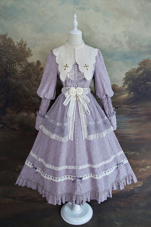 Purple Cross Dark Church Elegant Lace Long Sleeves Ruffled Classic Lolita OP Dress