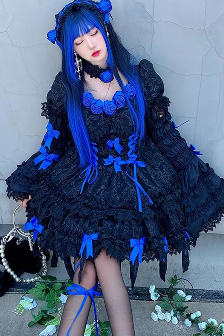 Black/Blue Puff Short Sleeves Princess Gothic Lolita Tiered Dress