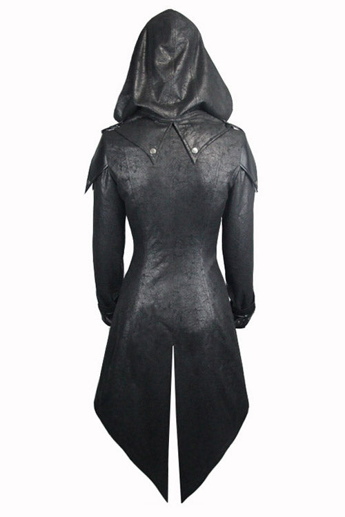 Black Punk Burnt Out Applique Hooded Womens Leather Coat