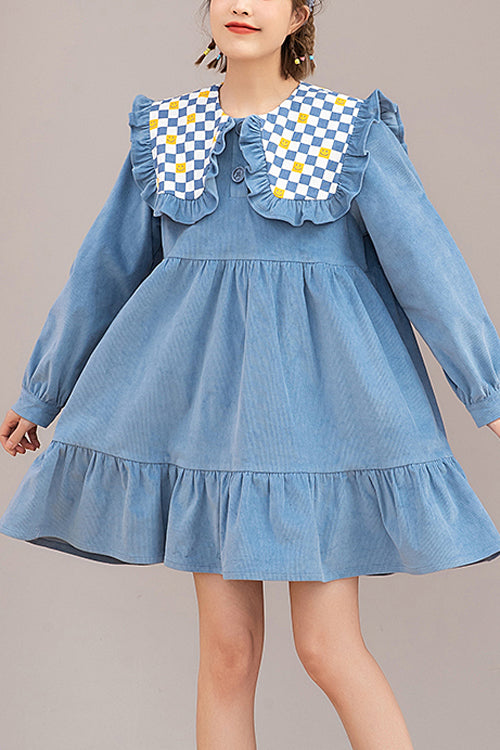 Blue Plaid Print Doll Collar Long Sleeves Ruffled Corduroy Sweet Lolita OP Dress