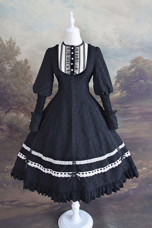 Black Cross Dark Church Elegant Lace Long Sleeves Ruffled Classic Lolita OP Dress