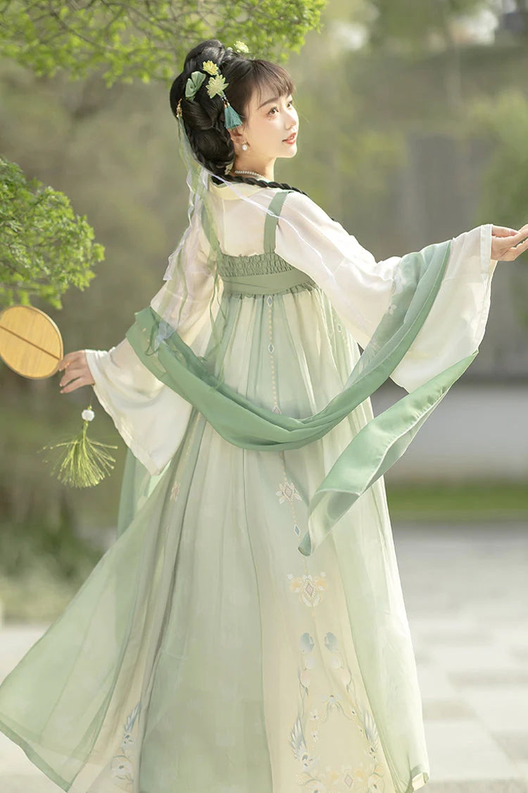 Green Trumpet Sleeves High Waisted Print Embroidery Sweet Chinese Style Hanfu Dress Full Set