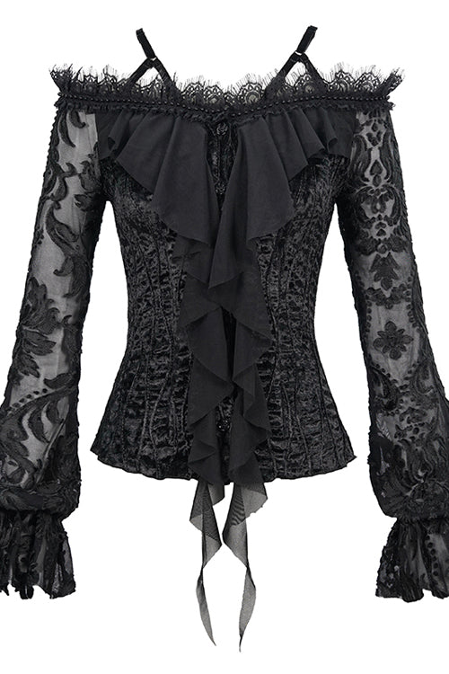 Black Lace Sleeves Velvet Sexy Womens Gothic Blouse