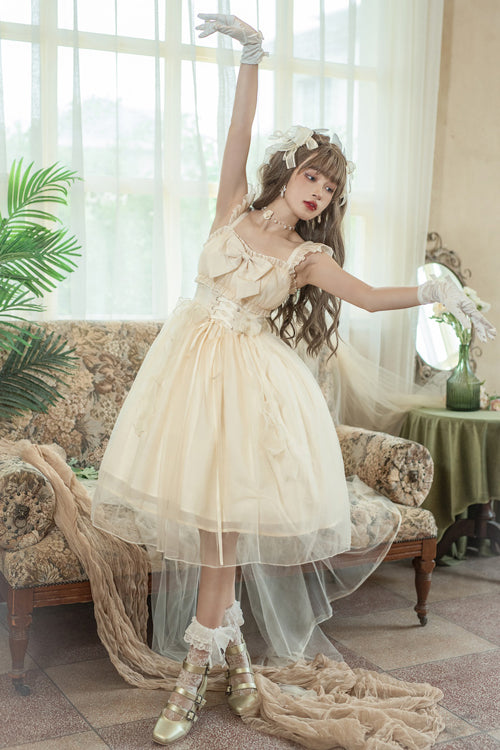 Beige Ruffled Strap Bow Sleeveless Sweet Lolita JSK Dress