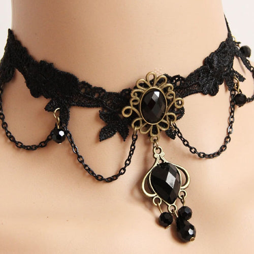 Black Vintage Lace Gem Pendant Decoration Gothic Lolita Necklace